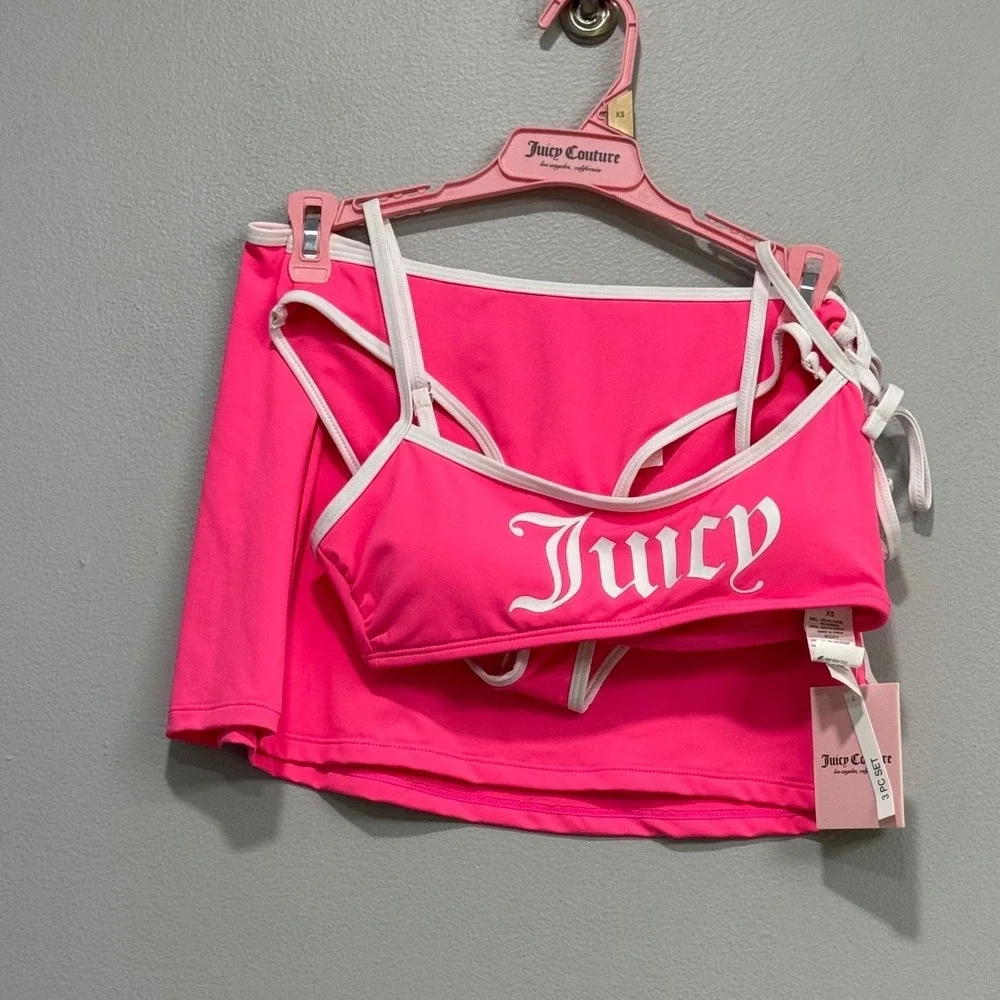 Juicy Couture Women Pink bralette 3PC Swim Set XS y2k style barbiecore spellout